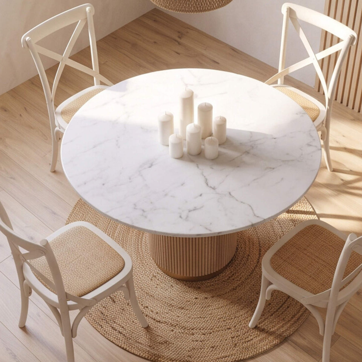 Mesa de comedor redonda Bristol Ø120cm | Madera de Mango y Mármol blanco