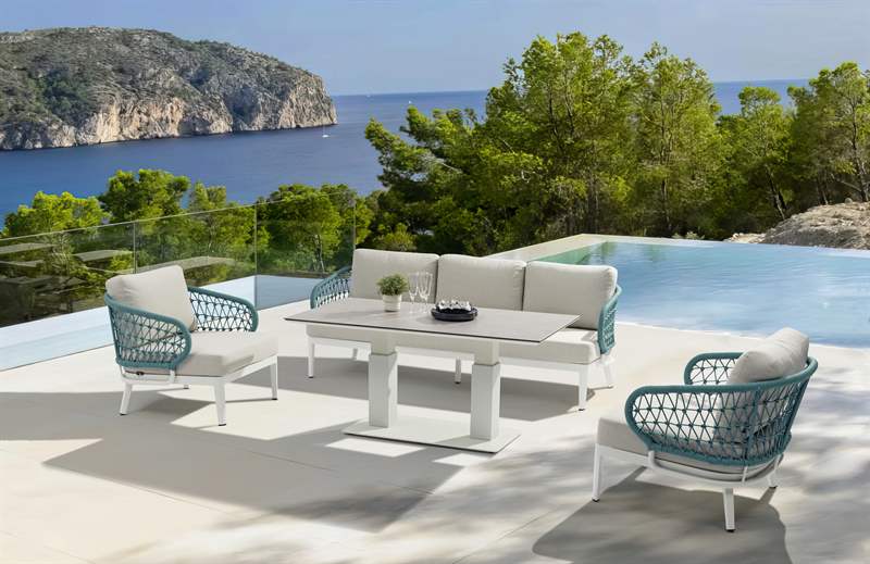 Mesa elevable Isabela 140x75x50/74 aluminio blanco con cristal cerámico gris claro | Kubu #