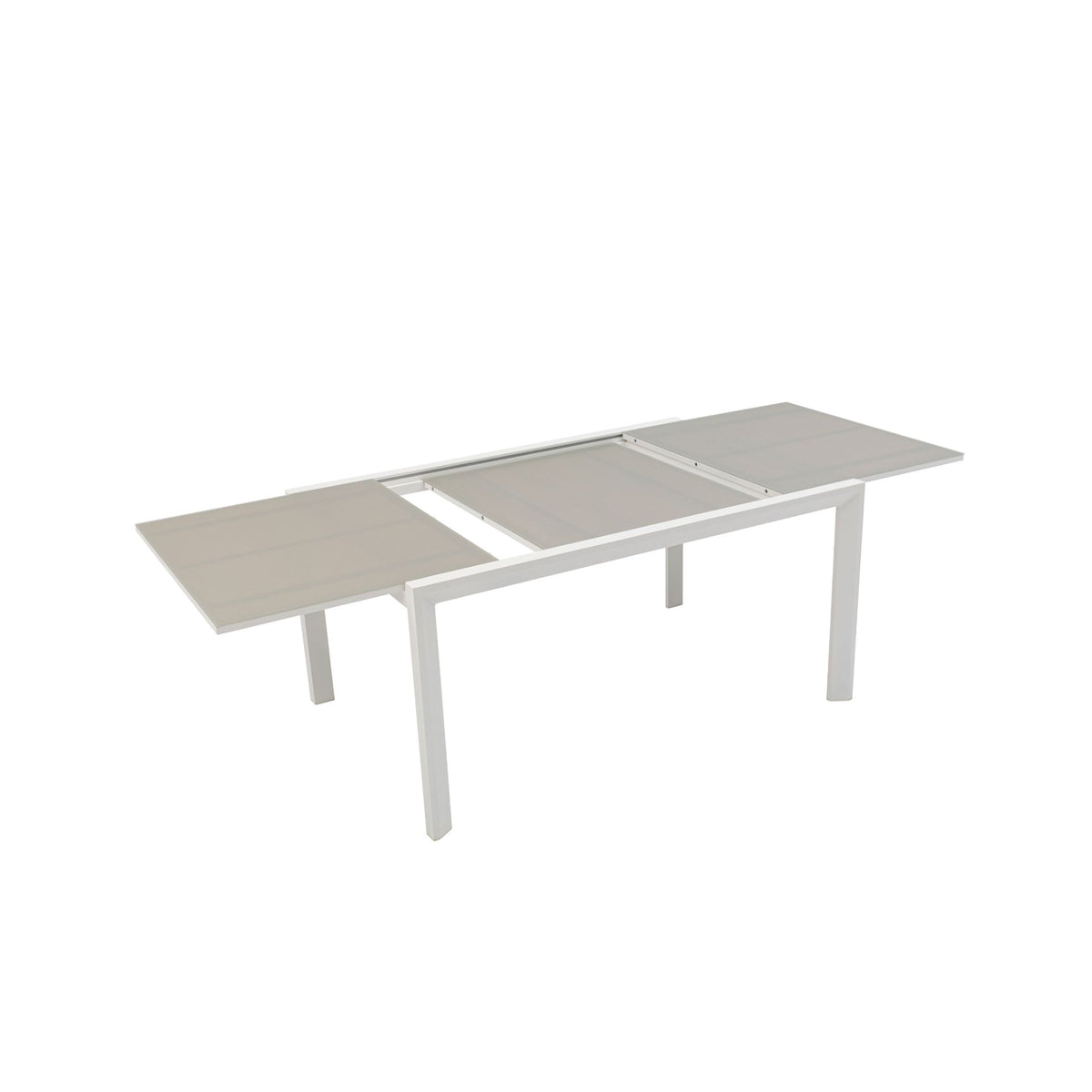 Mesa extensible ORICK 100 x 150/225 cm aluminio blanco y cristal gris claro