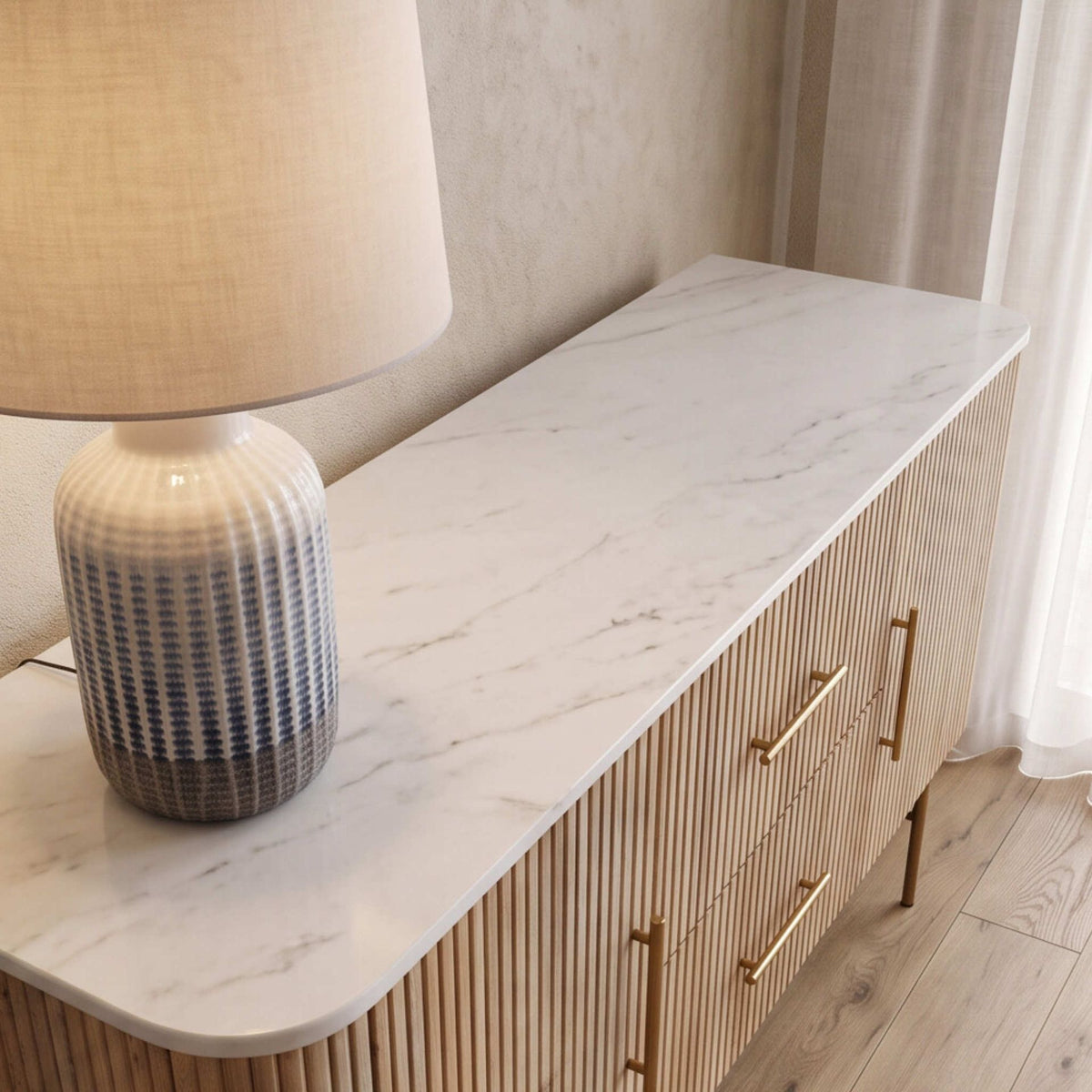 Aparador Bristol 2 Puertas / 2 cajones 150x47x84cm | Madera de Mango y Mármol Blanco | KUBU #