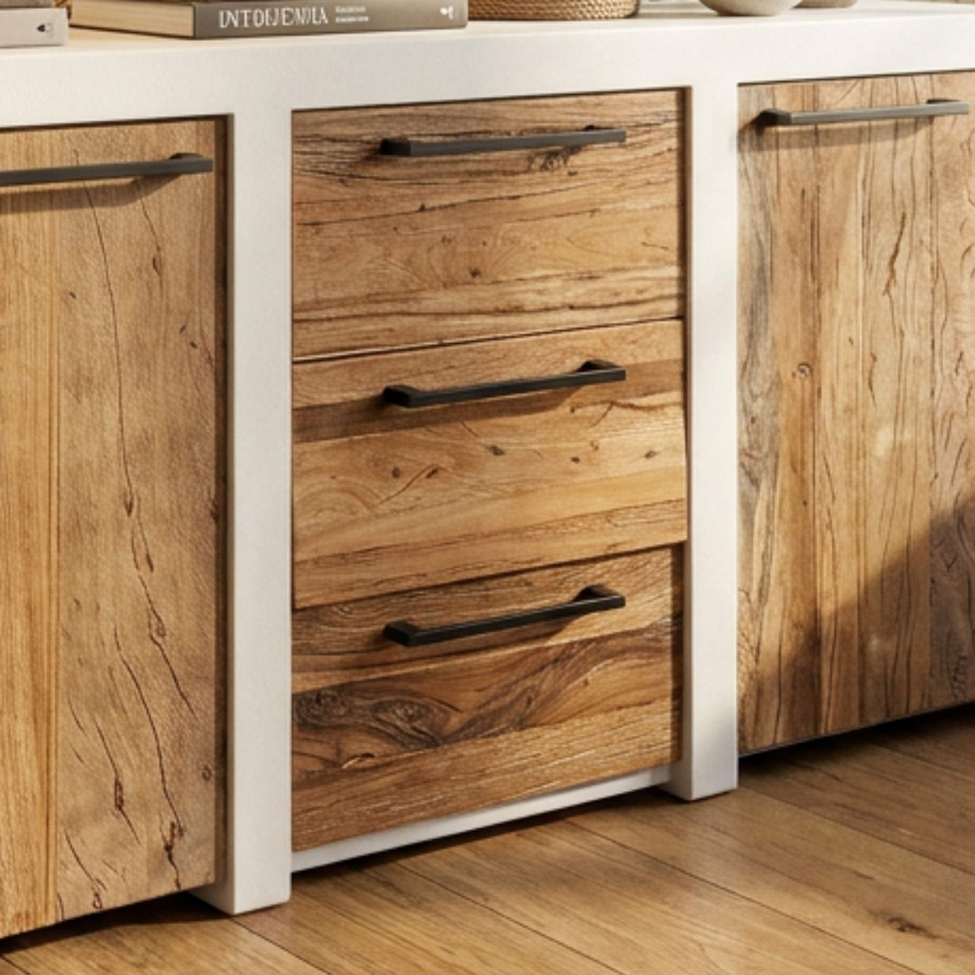 Aparador Mahón 2 Puertas / 3 cajones 150cm | Blanco Mate y Madera reciclada Acacia | KUBU #