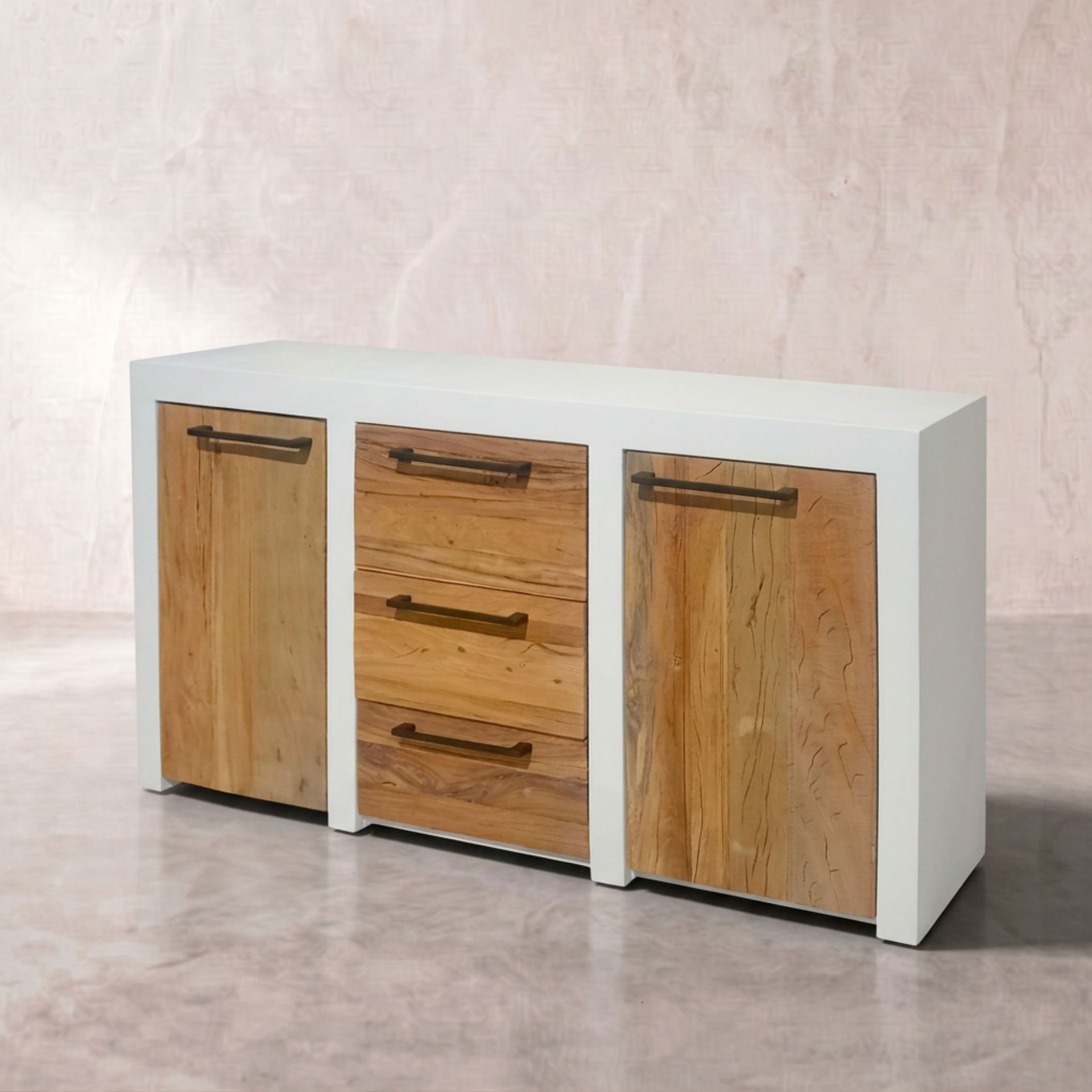 Aparador Mahón 2 Puertas / 3 cajones 150cm | Blanco Mate y Madera reciclada Acacia | KUBU #