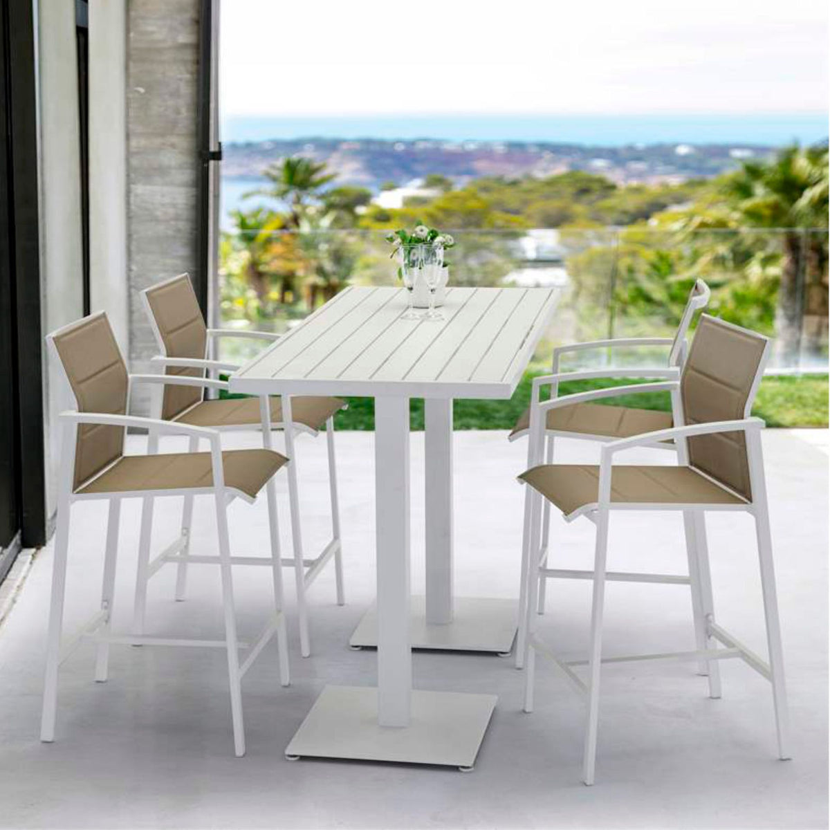 Mesa alta bar Orick 160x70 cm aluminio blanco. | KUBU #