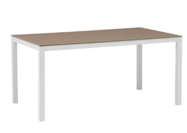 Mesa de comedor Adin 160 x 90 cm aluminio blanco y cristal taupe | KUBU #