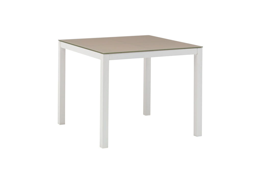 Mesa de comedor Adin 90 x 90 cm aluminio blanco y cristal taupe