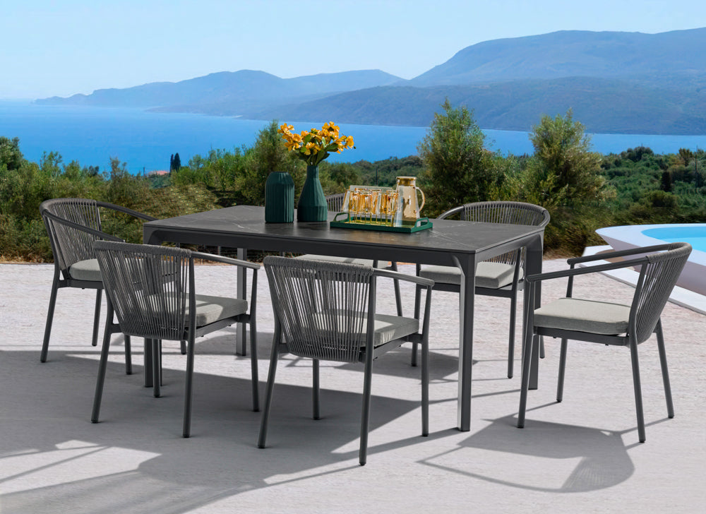 Mesa de comedor Boori 160x90 aluminio antracita top mesa porcelánico negro | Kubu #