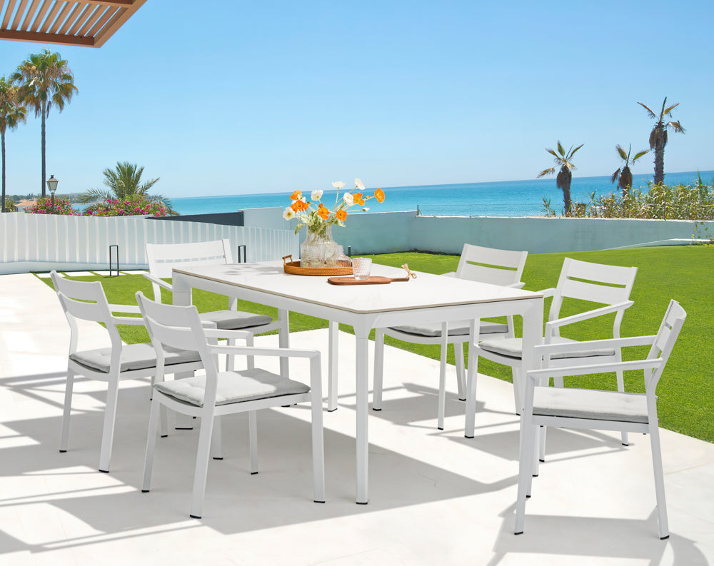 Mesa de comedor Boori 160x90 aluminio blanco top mesa porcelánico blanco | Kubu #