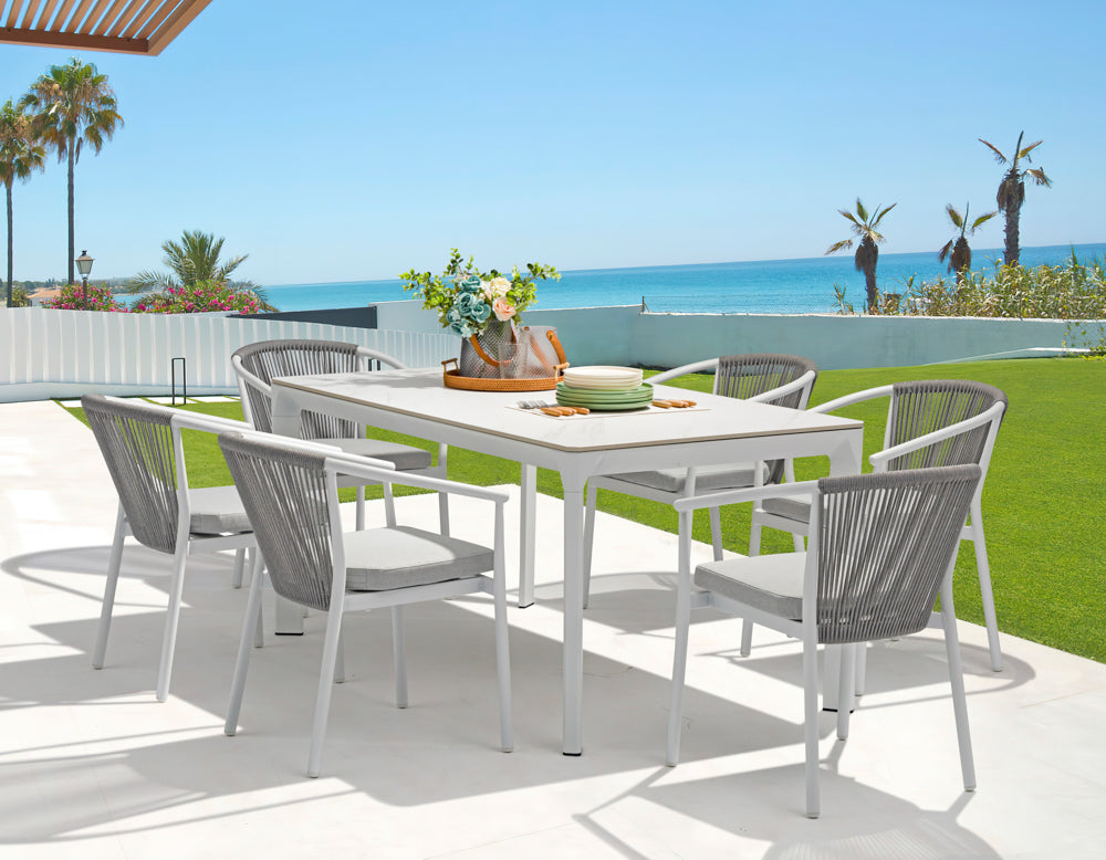 Mesa de comedor Boori 160x90 aluminio blanco top mesa porcelánico blanco | Kubu #