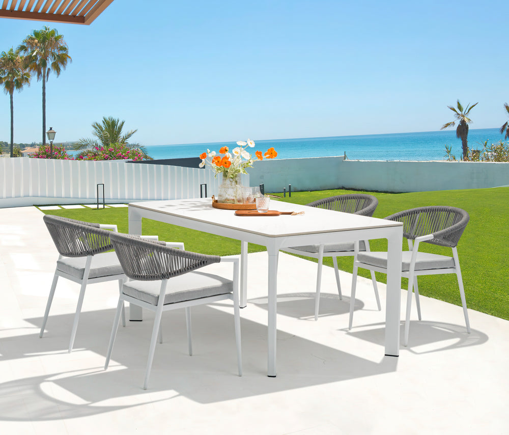 Mesa de comedor Boori 160x90 aluminio blanco top mesa porcelánico blanco | Kubu #