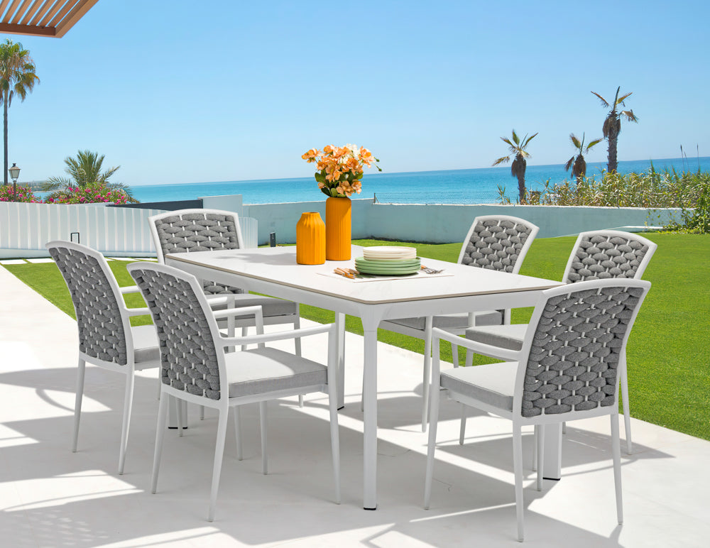 Mesa de comedor Boori 160x90 aluminio blanco top mesa porcelánico blanco | Kubu #
