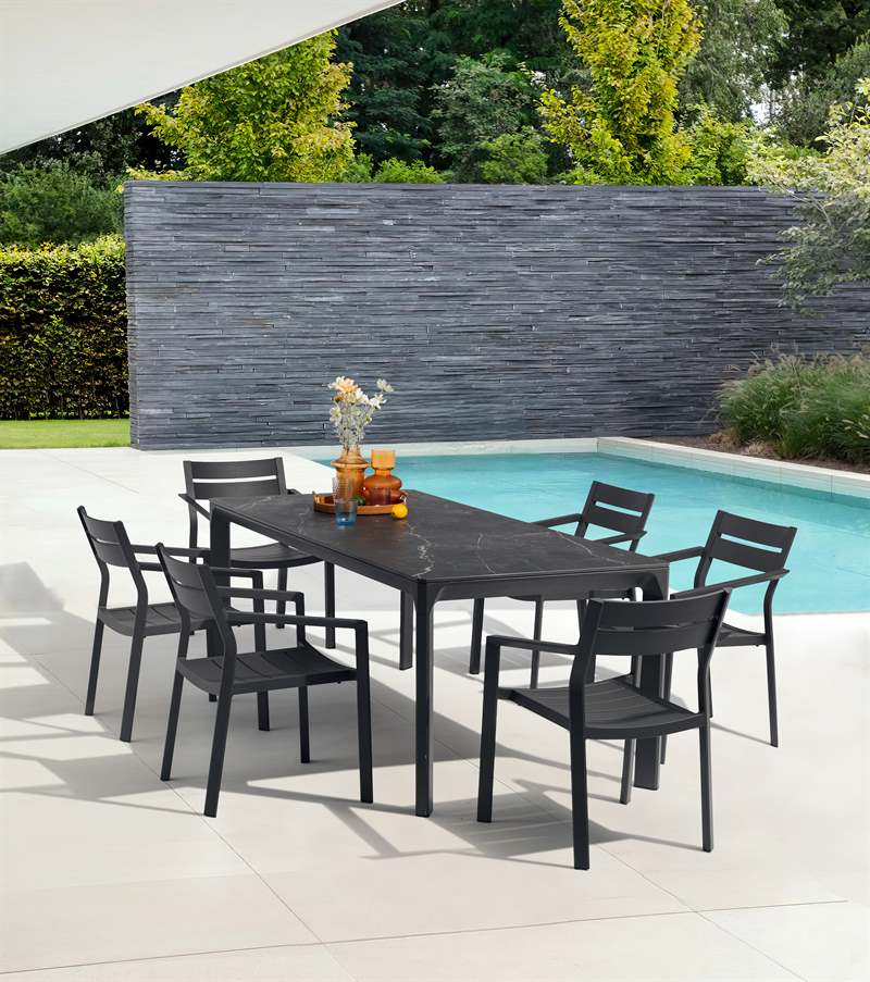 Mesa de comedor Boori 200x90 cm aluminio antracita top mesa porcelánico negro | Kubu #