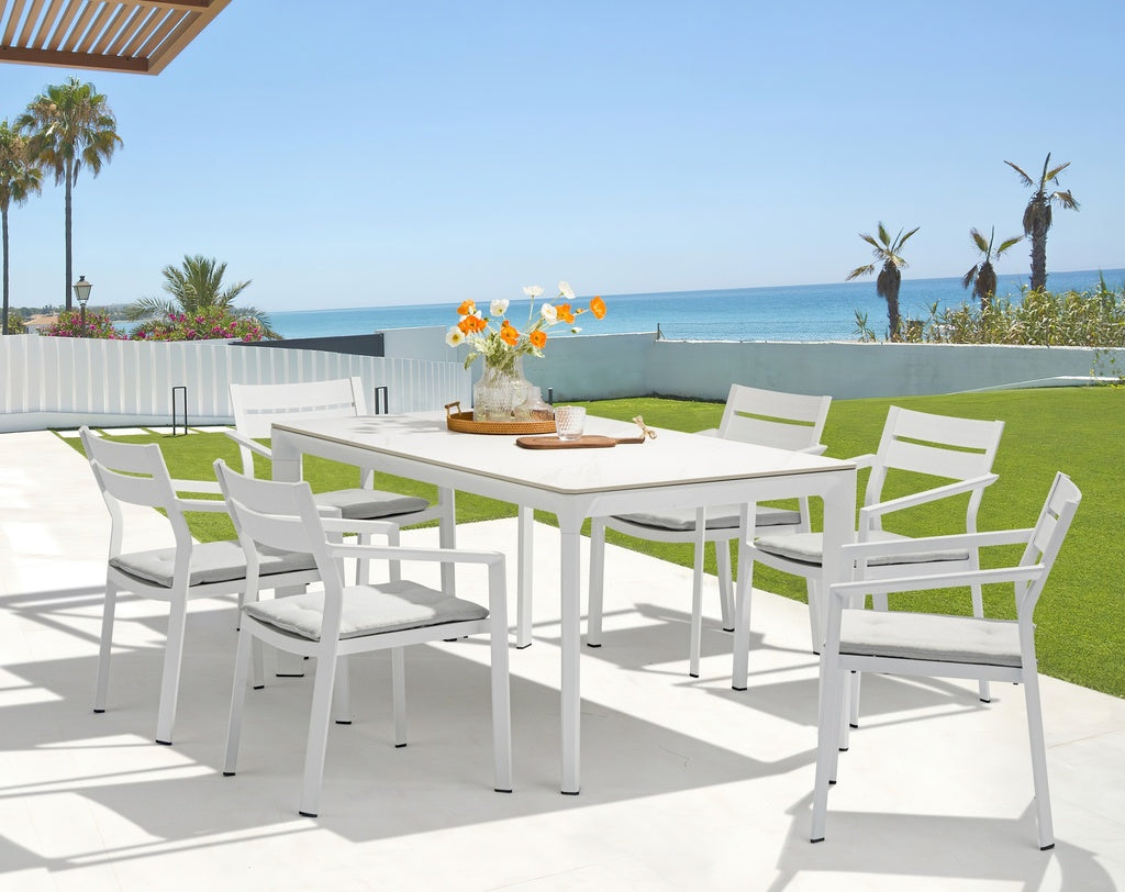 Mesa de comedor Boori 200x90 cm aluminio y top mesa porcelánico blanco | Kubu #