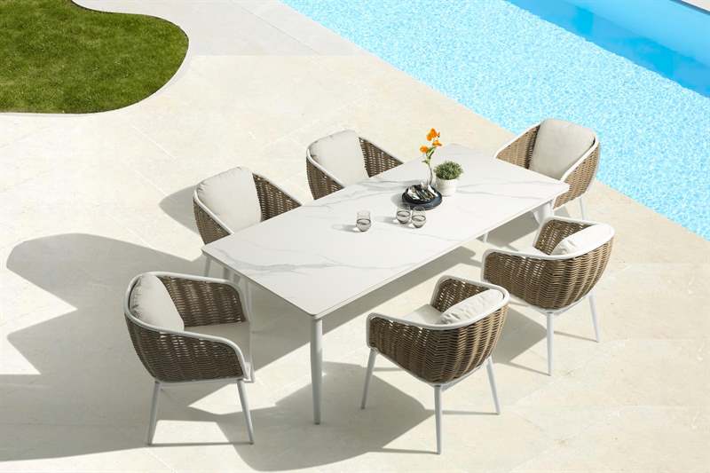 Mesa de comedor Irvine 220x100 cm aluminio blanco top porcelánico blanco | Kubu #