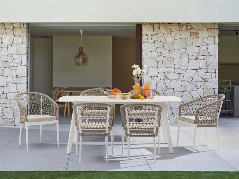 Mesa de comedor Nelayan 180x90 aluminio blanco top mesa porcelánico blanco | Kubu #