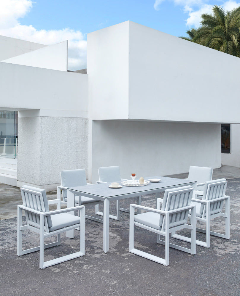 Mesa de comedor Onix 210*90 cm aluminio blanco cristal cerámico gris claro | Kubu #