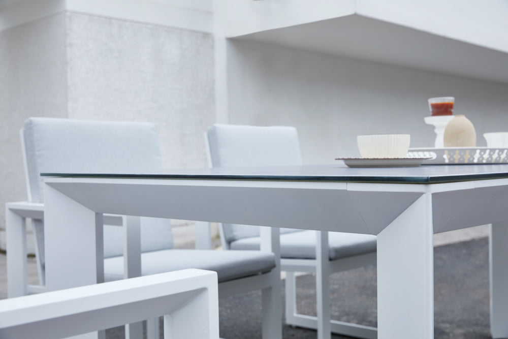 Mesa de comedor Onix 210*90 cm aluminio blanco cristal cerámico gris claro | Kubu #