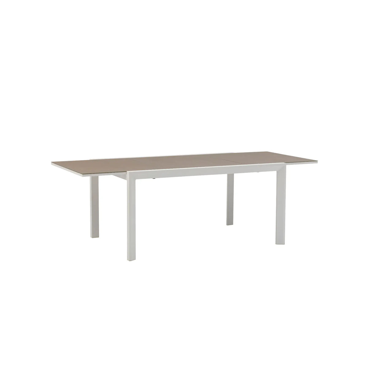 Mesa extensible ORICK 100 x 150/225 cm aluminio blanco y cristal taupe | KUBU #