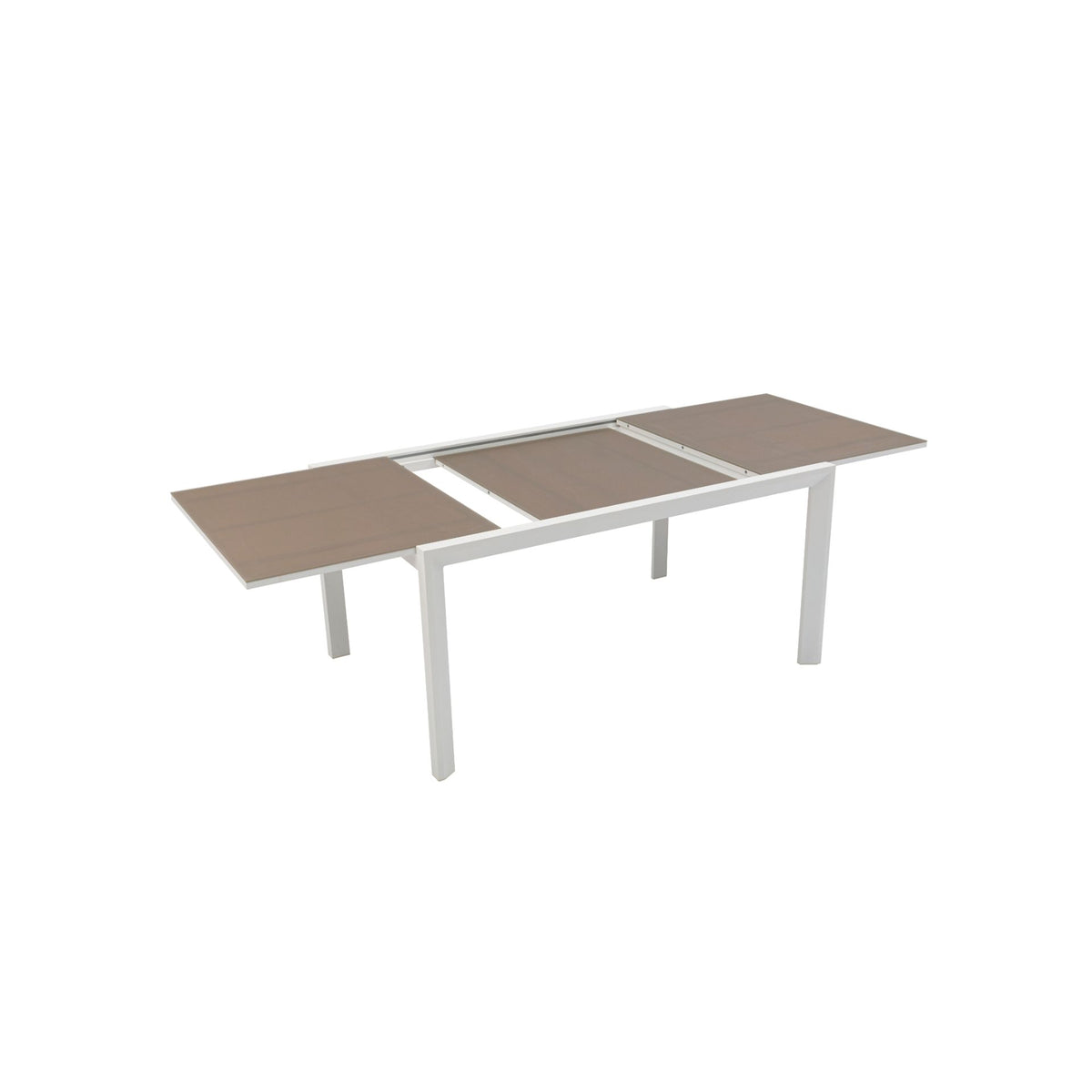 Mesa extensible ORICK 100 x 150/225 cm aluminio blanco y cristal taupe | KUBU #