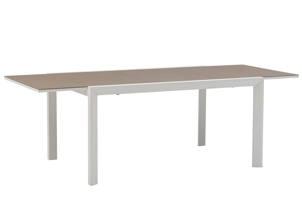 Mesa extensible ORICK 100 x 150/225 cm aluminio blanco y cristal taupe