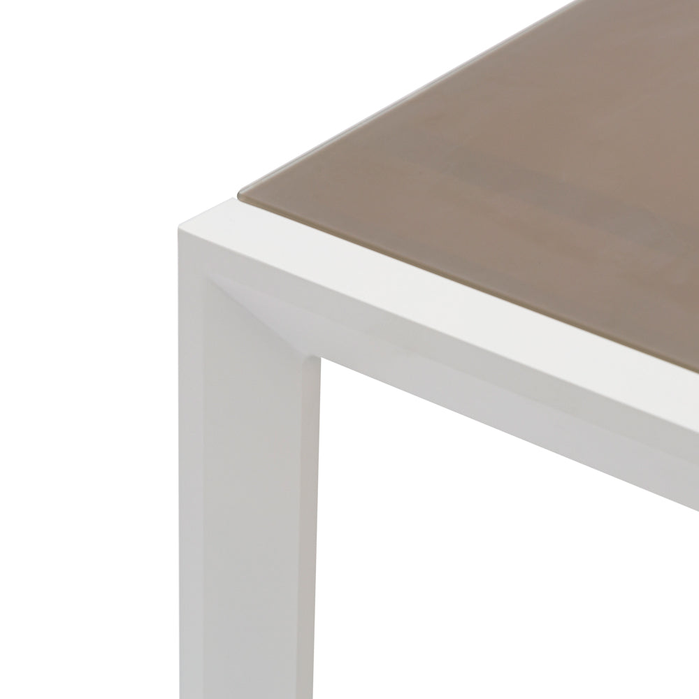 Mesa extensible ORICK 100 x 150/225 cm aluminio blanco y cristal taupe