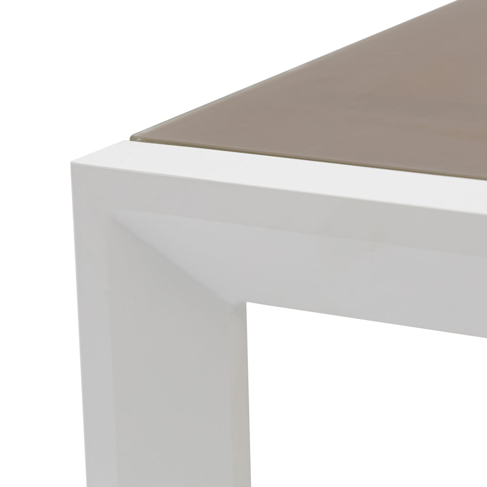 Mesa extensible ORICK 100 x 150/225 cm aluminio blanco y cristal taupe