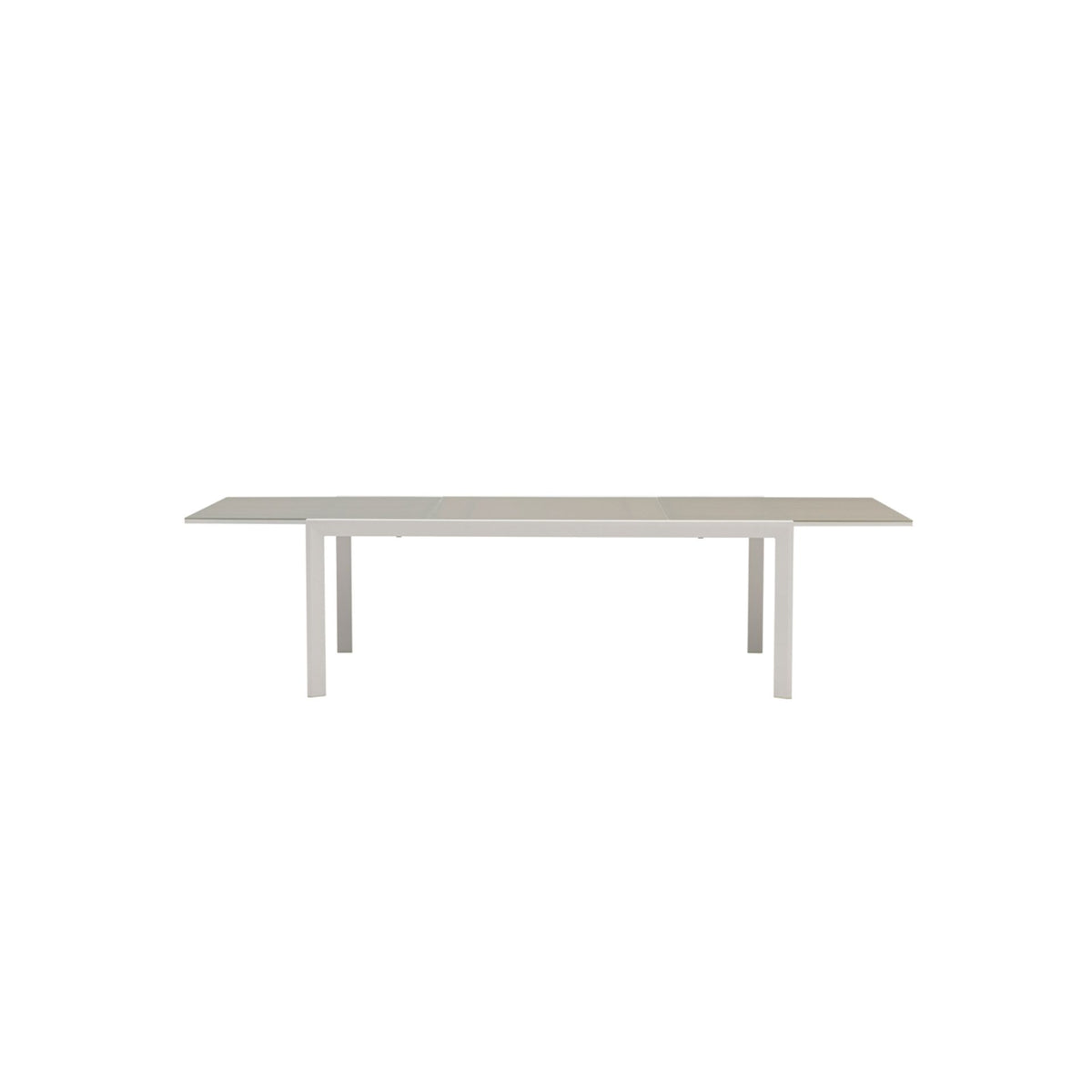Mesa extensible ORICK 100 x 200/300 cm aluminio blanco y cristal gris claro | KUBU #