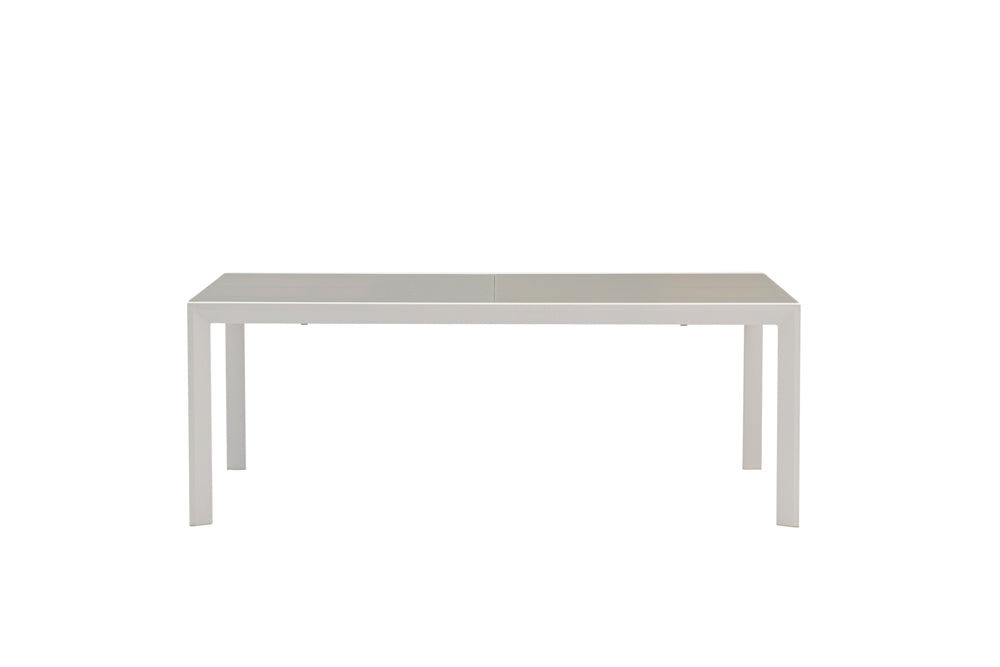 Mesa extensible ORICK 100 x 200/300 cm aluminio blanco y cristal gris claro