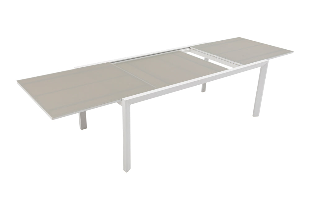 Mesa extensible ORICK 100 x 200/300 cm aluminio blanco y cristal gris claro