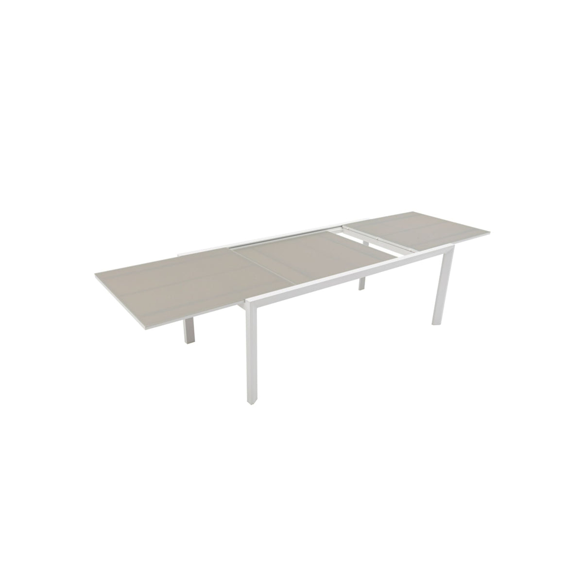 Mesa extensible ORICK 100 x 200/300 cm aluminio blanco y cristal taupe | KUBU #