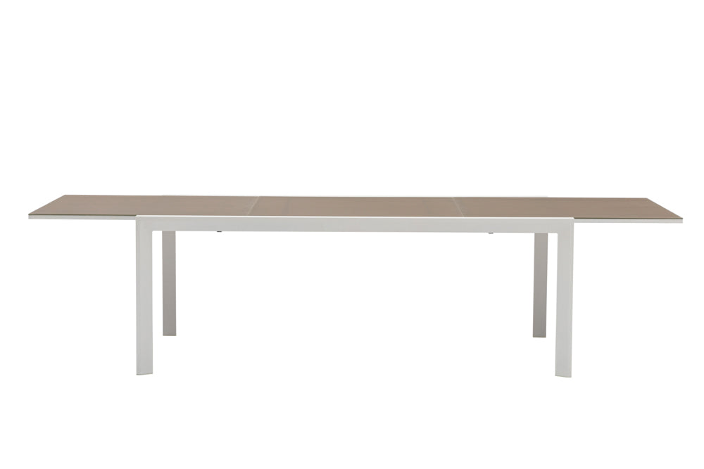 Mesa extensible ORICK 100 x 200/300 cm aluminio blanco y cristal taupe