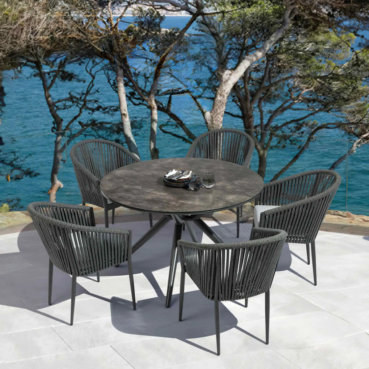Mesa redonda Orick Ø 120 cm aluminio antracita cristal cerámico gris antracita. | KUBU #