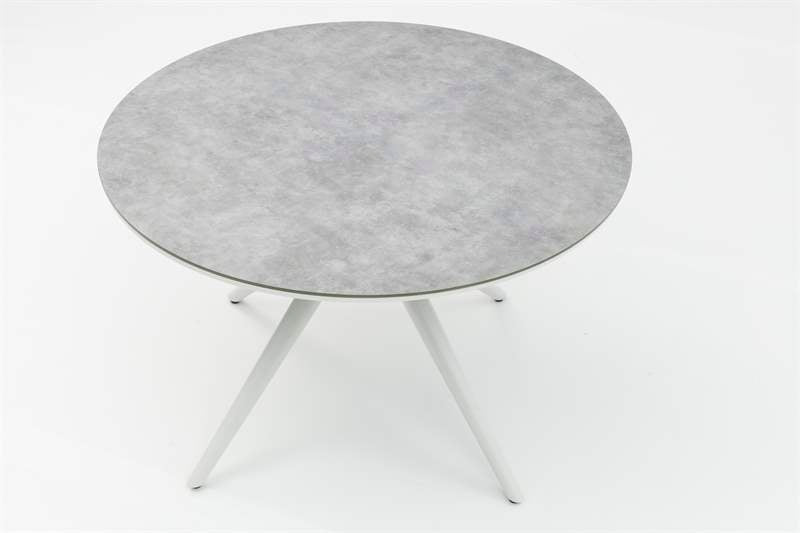 Mesa redonda Orick Ø 120 cm aluminio blanco cristal cerámico gris claro.