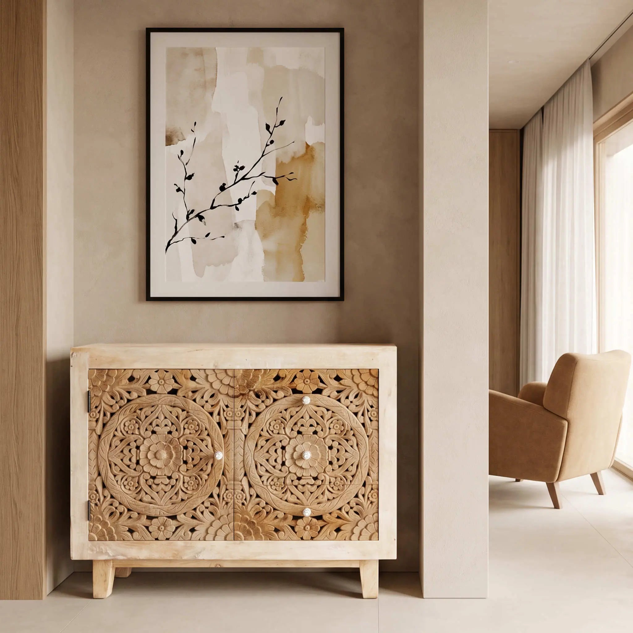 Mueble Auxiliar Borneo 1 puerta 3 cajones 100X40X80cm | Elegancia Étnica en Madera de Mango | KUBU #
