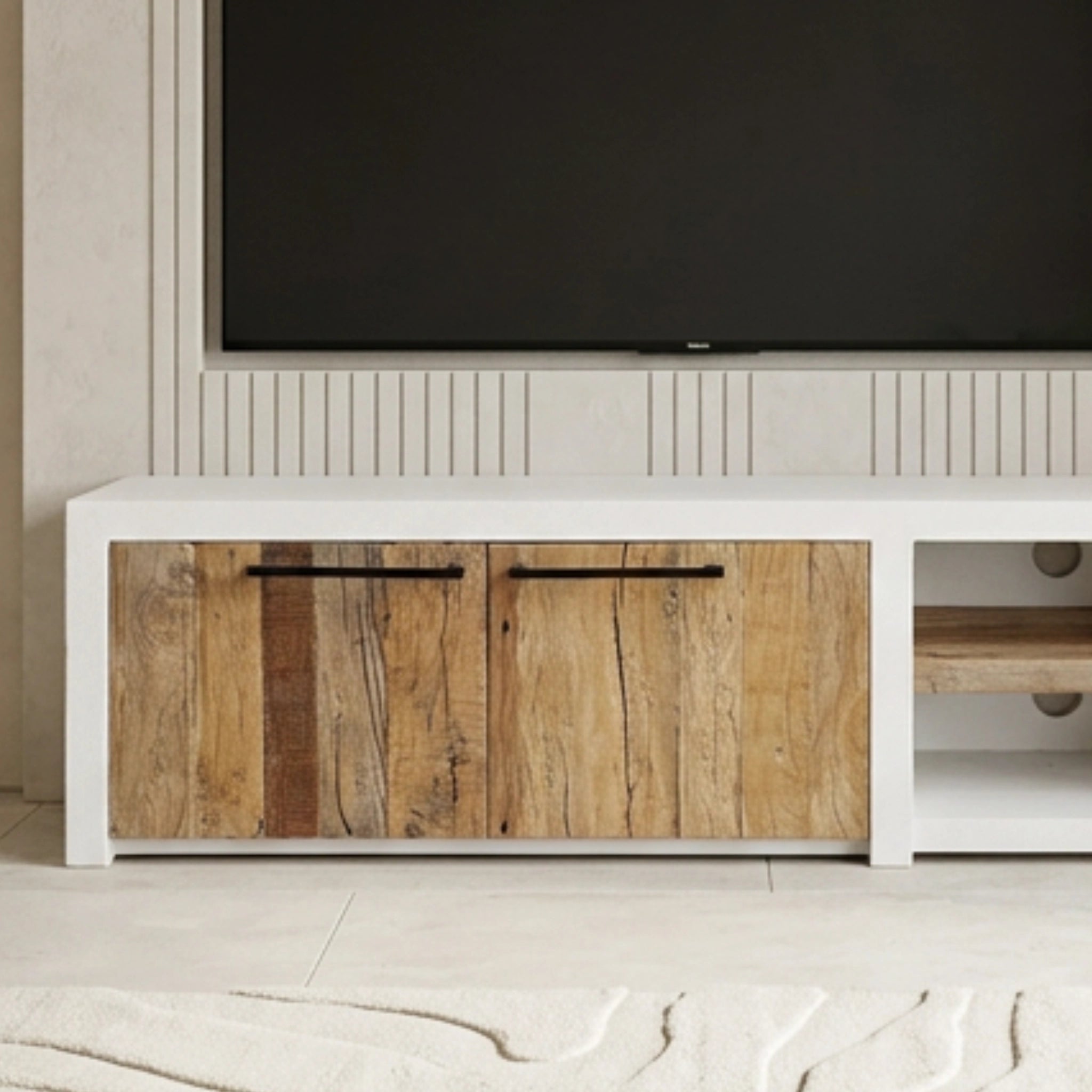 Mueble de TV de Diseño Mediterráneo Mahón 150x37x45cm | Blanco y Madera reciclada de Acacia | KUBU #