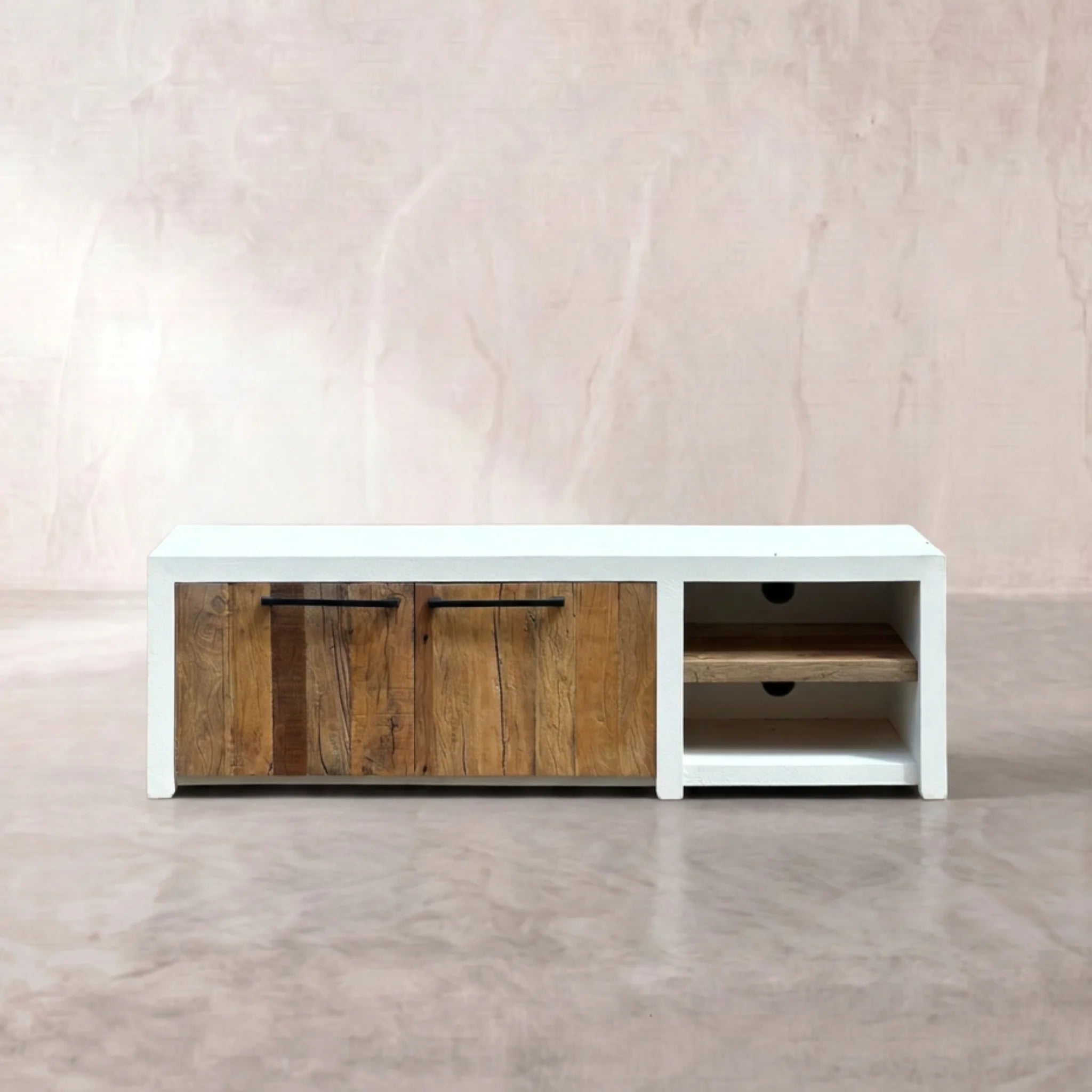 Mueble de TV de Diseño Mediterráneo Mahón 150x37x45cm | Blanco y Madera reciclada de Acacia | KUBU #