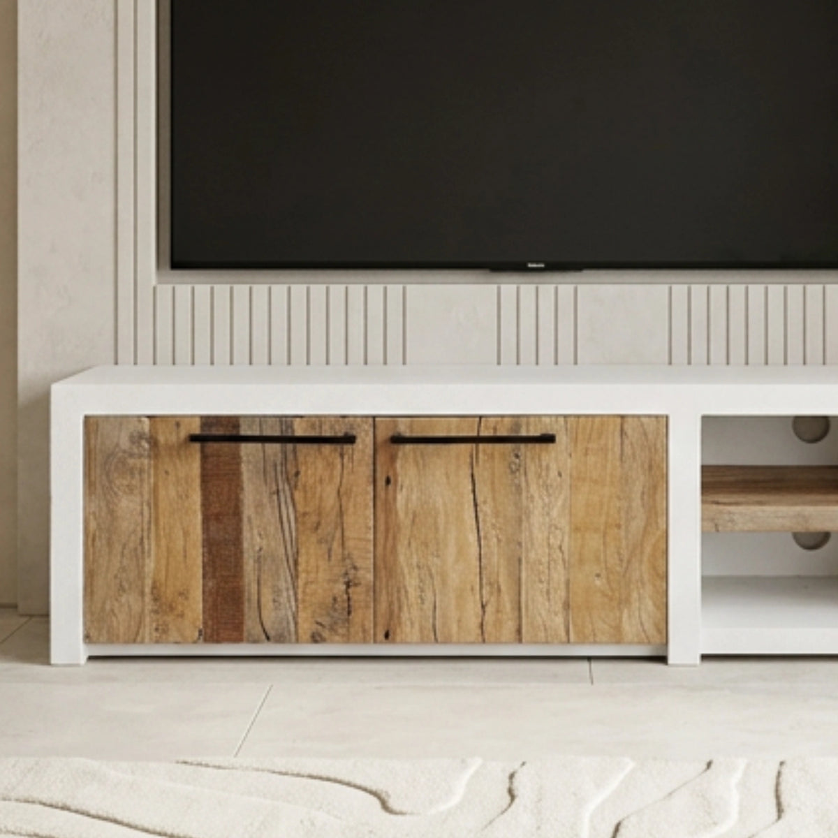 Mueble de TV de Diseño Mediterráneo Mahon 150x37x45cm | Blanco y Madera reciclada de Acacia | KUBU #