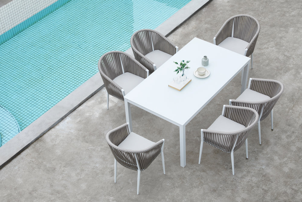 Sillón Ukiah aluminio blanco con cuerda y cojín greige | Kubu #