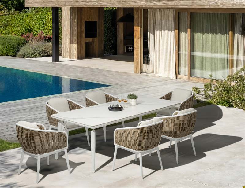 Sillón de comedor Irvine aluminio blanco cuerda taupe cojín beige | Kubu #