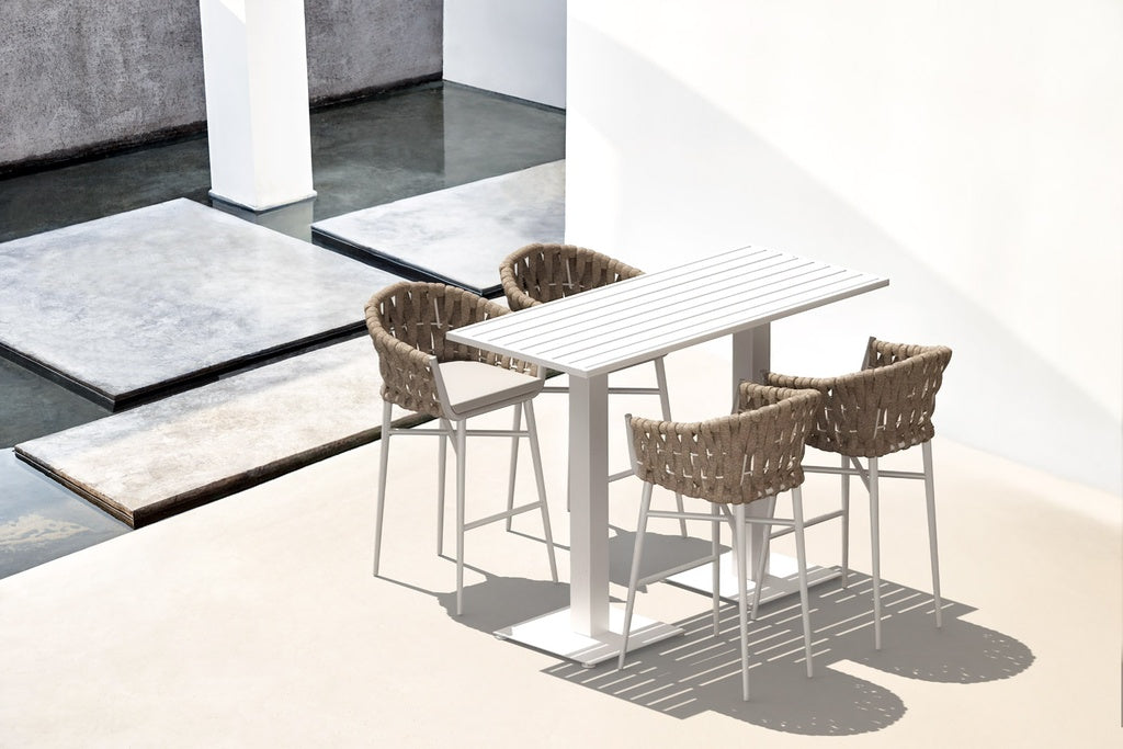 Sillón para barra de bar Meridian aluminio blanco cuerda greige y textil greige | Kubu #