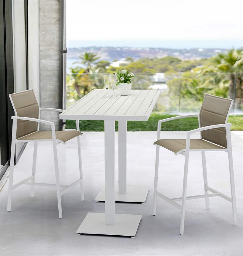 Sillón para barra de bar ORICK aluminio blanco y textil taupe