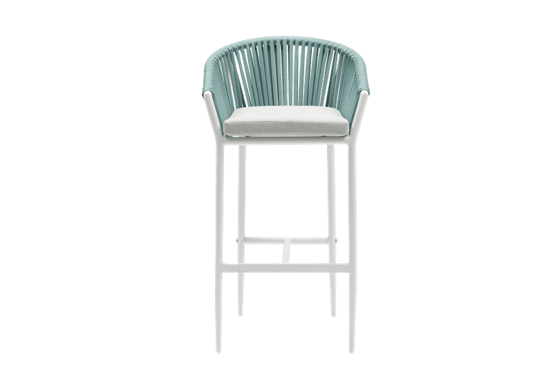 Sillón para barra de bar Ukiah aluminio blanco con cuerda aqua y cojín gris claro | Kubu #
