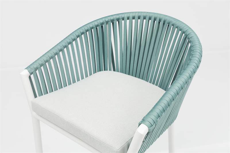 Sillón para barra de bar Ukiah aluminio blanco con cuerda aqua y cojín gris claro | Kubu #