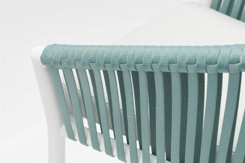 Sillón para barra de bar Ukiah aluminio blanco con cuerda aqua y cojín gris claro | Kubu #