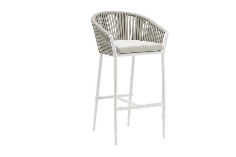 Sillón para barra de bar Ukiah aluminio blanco con cuerda y cojín greige | Kubu #