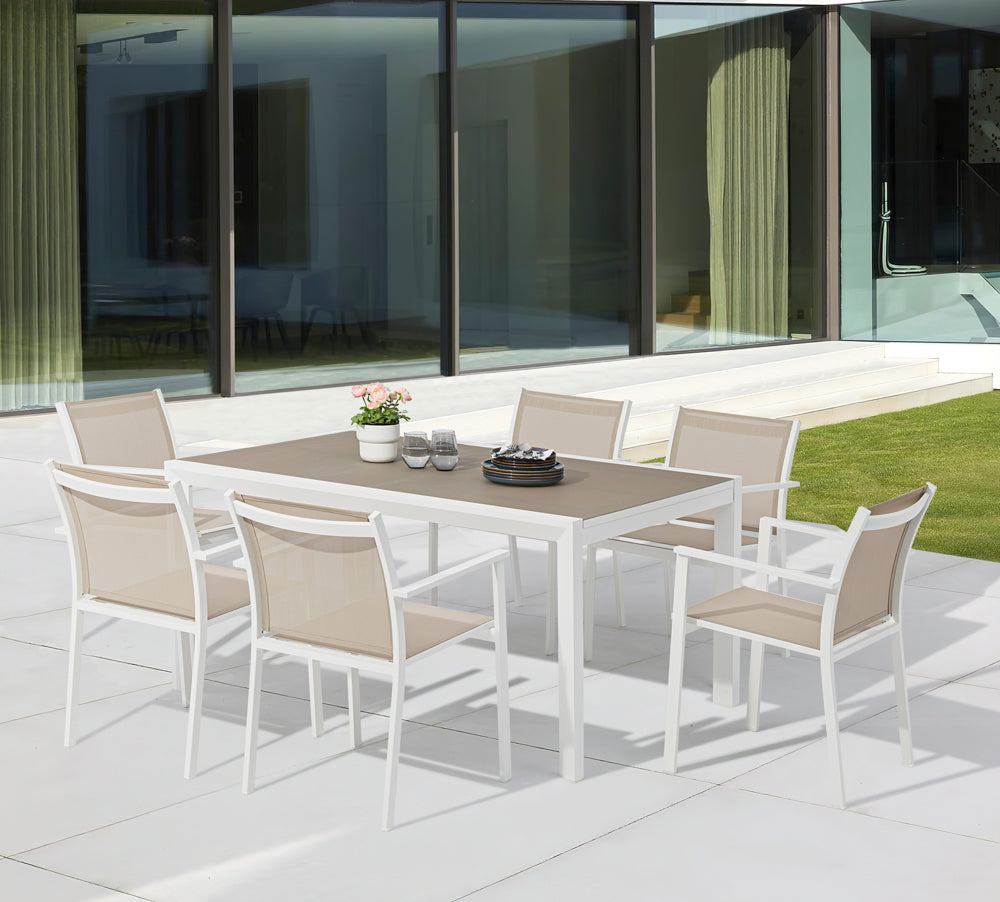 Silla de comedor Adin aluminio blanco y textilene taupe | Kubu #