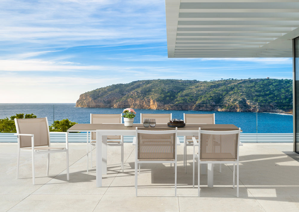 Silla de comedor Adin aluminio blanco y textilene taupe | Kubu #