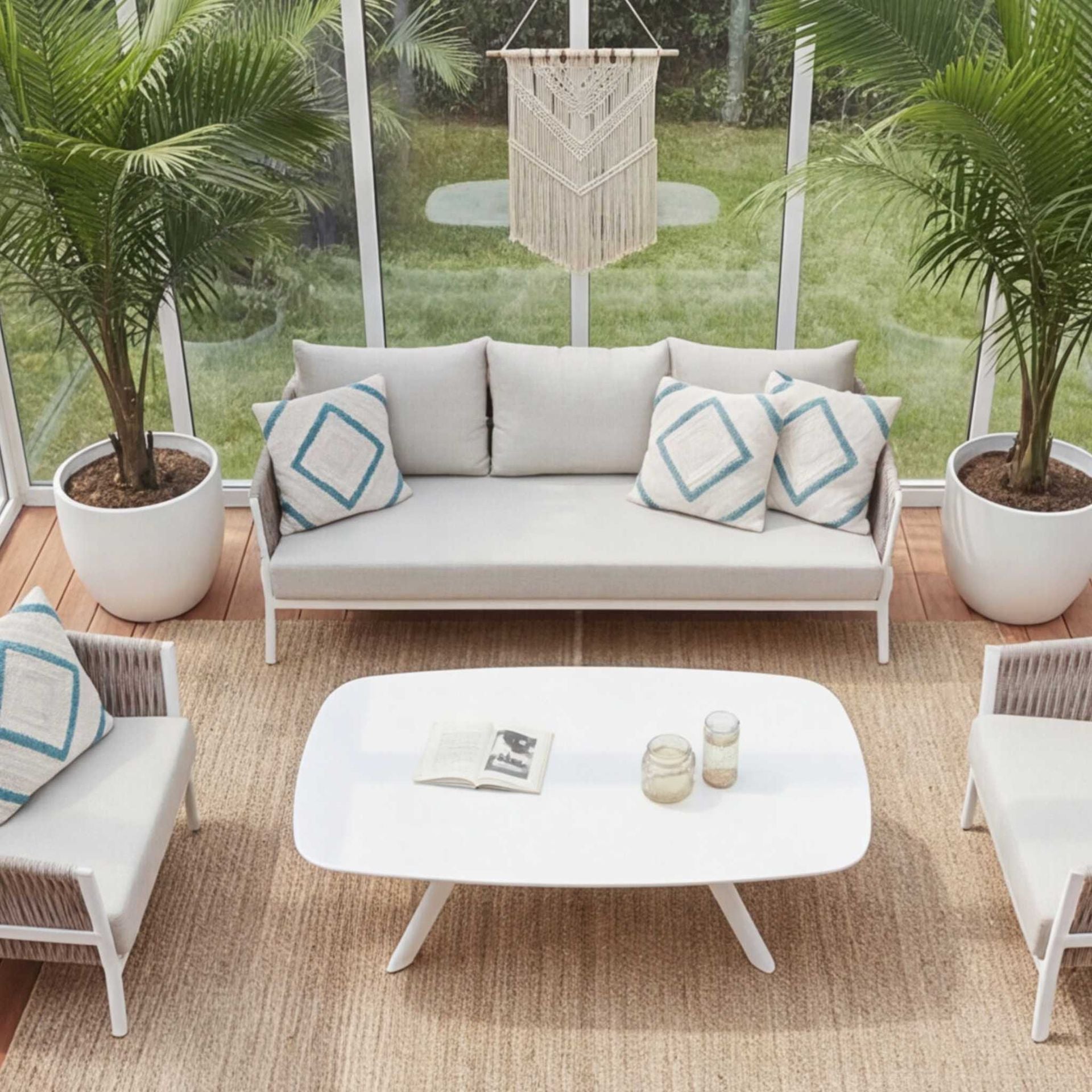 Sofá 3 plazas Anmore aluminio blanco textil greige | Kubu #