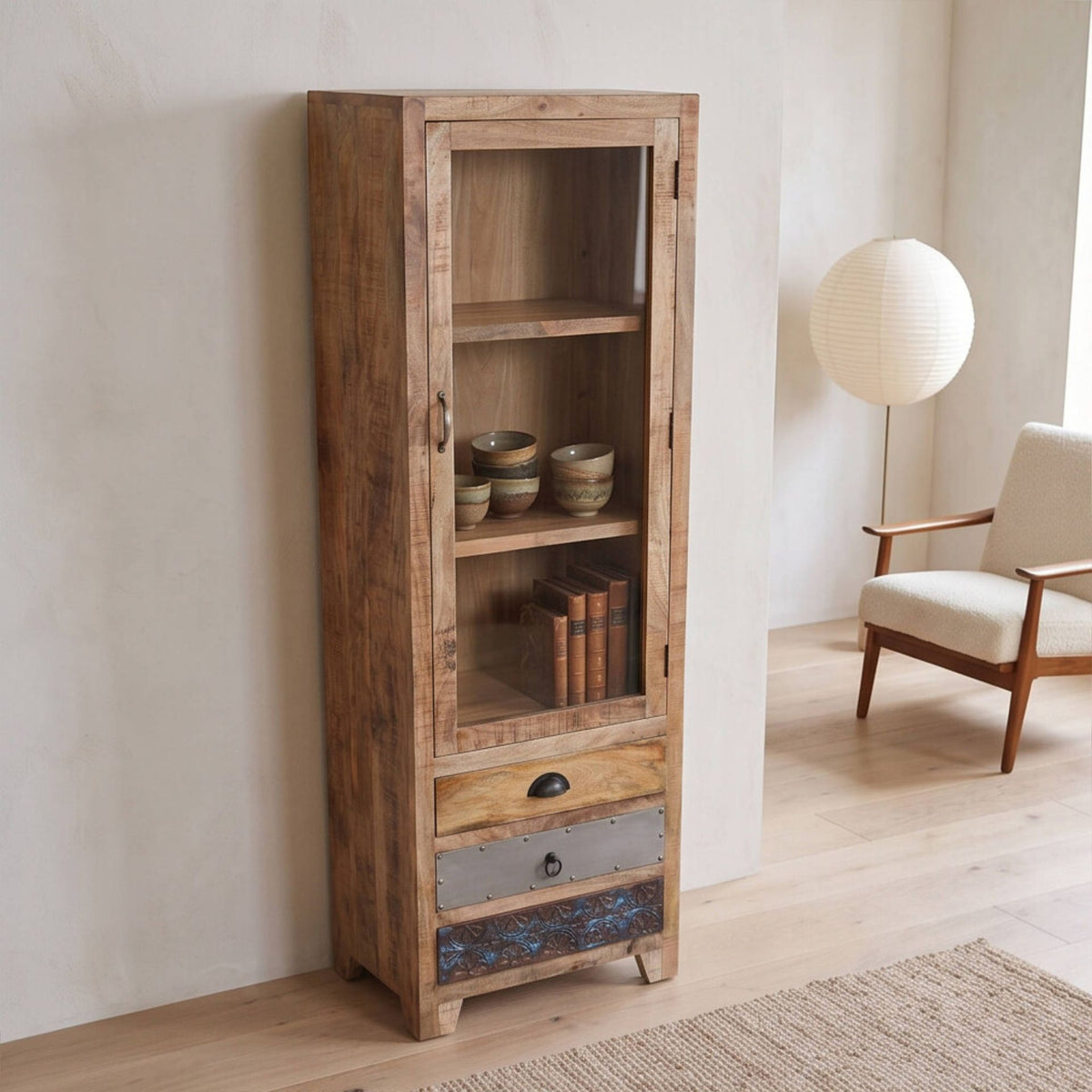 Vitrina Korba 2 Puertas - 3 cajones 60x40x180cm | Madera de Mango | KUBU #