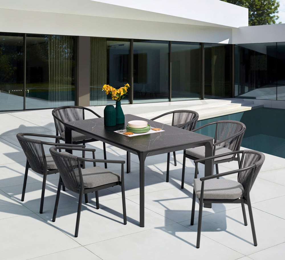 Mesa de comedor Boori 200x90 cm aluminio antracita top mesa porcelánico negro