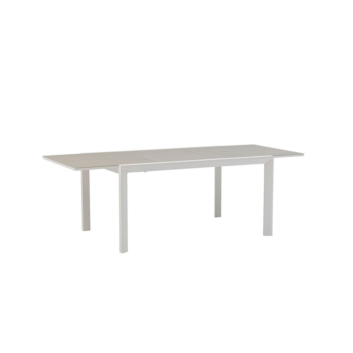 Mesa extensible ORICK 100 x 150/225 cm aluminio blanco y cristal gris claro